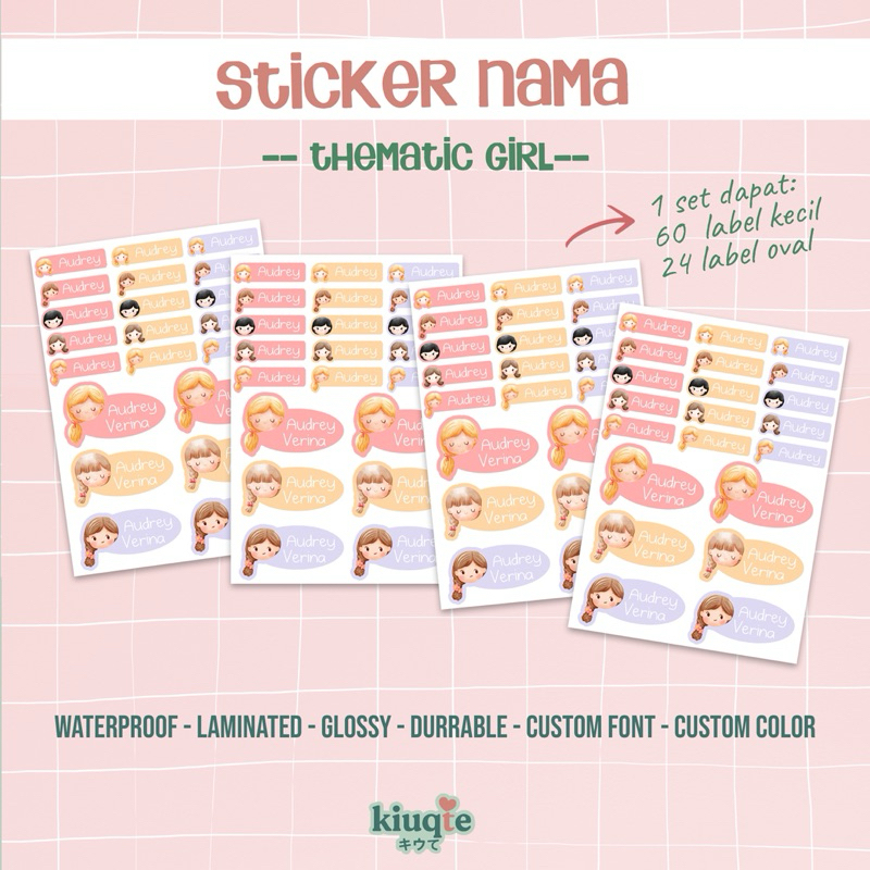 

Sticker Nama Custom Tematik Girl label buku botol waterproof