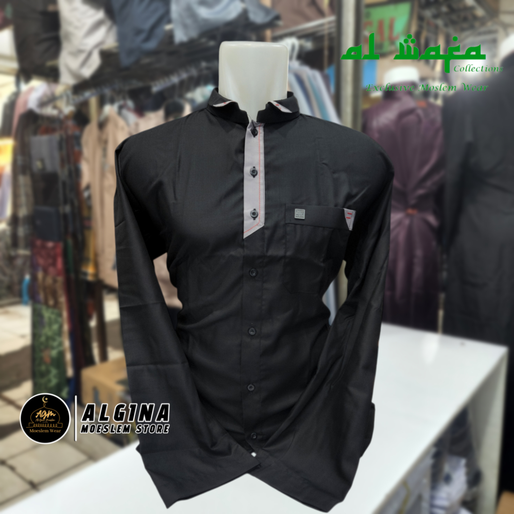 Koko Al Wafa Hitam Lengan Panjang Cuff Plat Kantong | Baju Muslim Lengan Panjang Al Wafa Gold