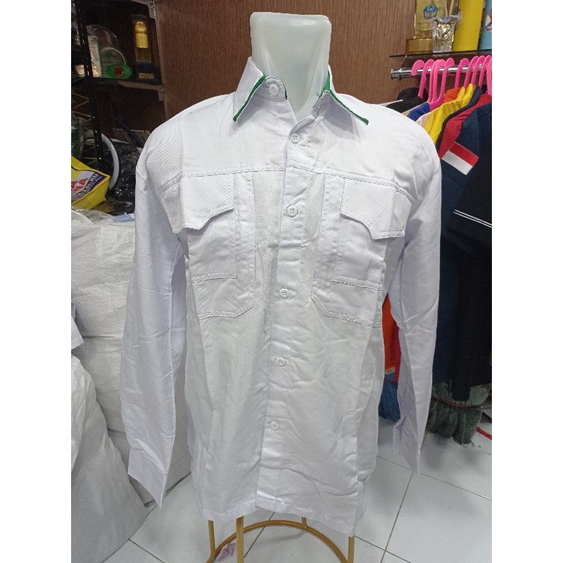seragam kerja kemeja putih Lis hijau lengan panjang