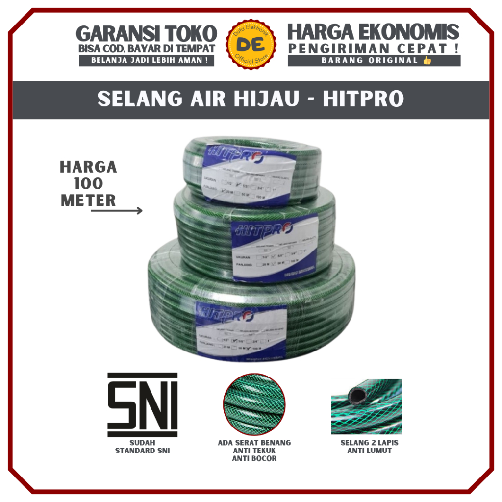 Selang Air Hijau PER ROLL HITPRO 100 METER/ Selang Air Anti Lumut / Selang Taman Murah Anti Tekuk