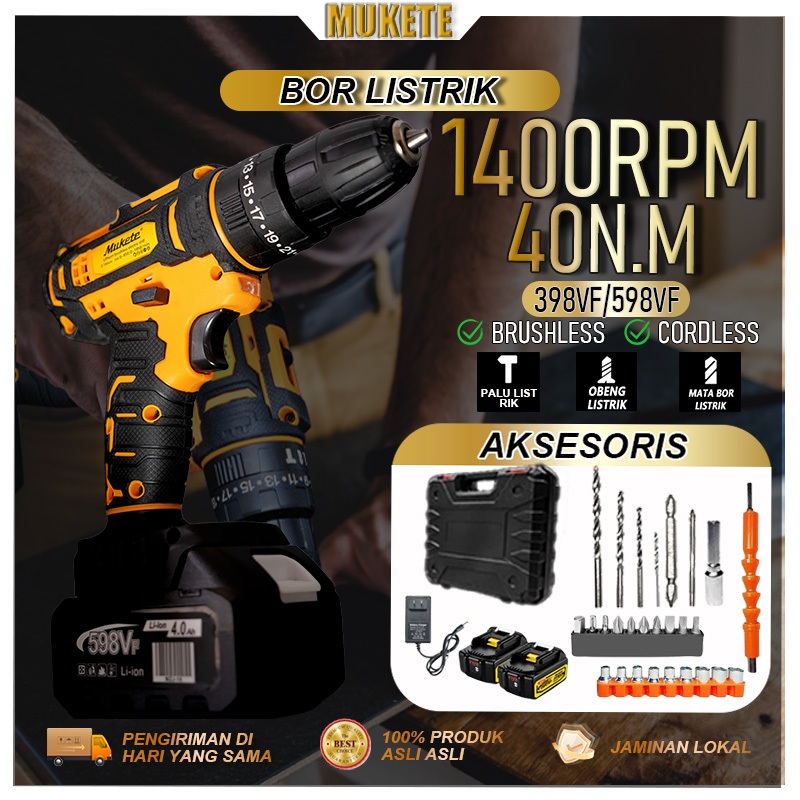 【MUKETE】Bor baterai Impact baterai 1400RPM Berputar cepat Cocok untuk berbagai bahan