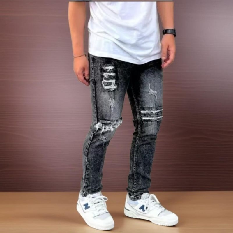 Celana Jeans Pria Sobek slimfit Bikers Abu Sandwash Premium - Celana Jeans Pria Skinny Slimfit Rippe