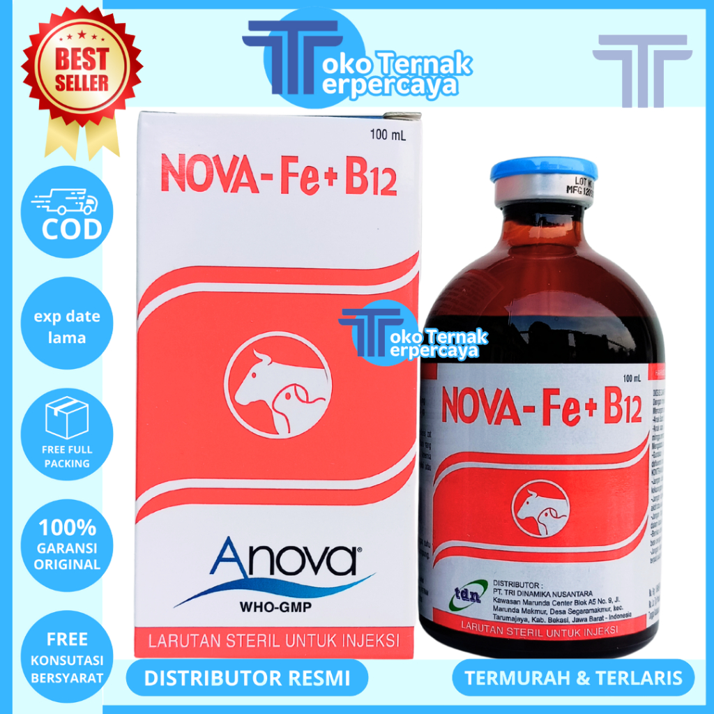 NOVA Fe B12 100ML - Vitamin B12 dan Zat besi untuk hewan Sapi Babi Kambing - Anti Anemia hewan - Lik