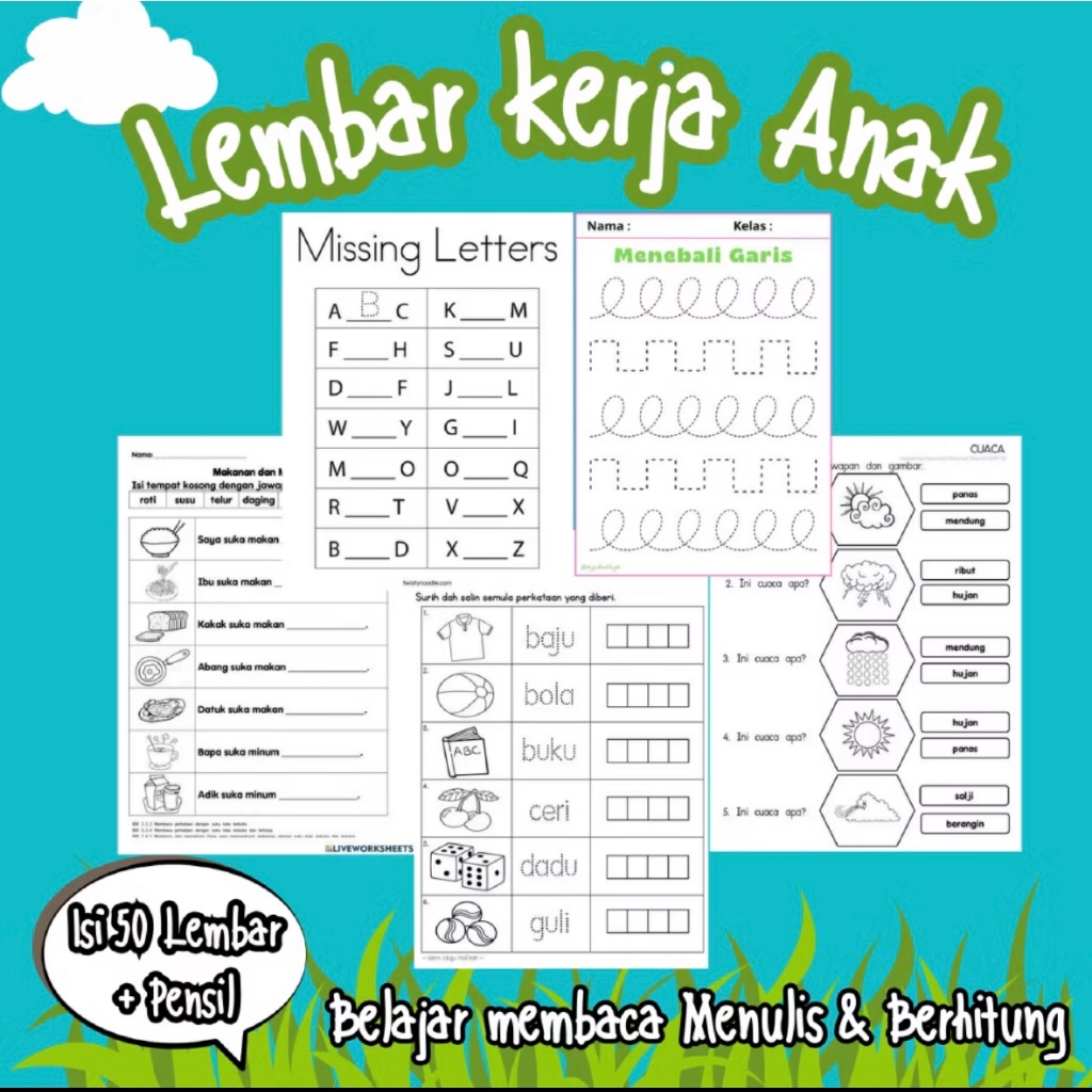 50 Lembar Worksheet Anak TK / SD/ Aktivitas Menulis , Membaca dan Menghitung + Pensil