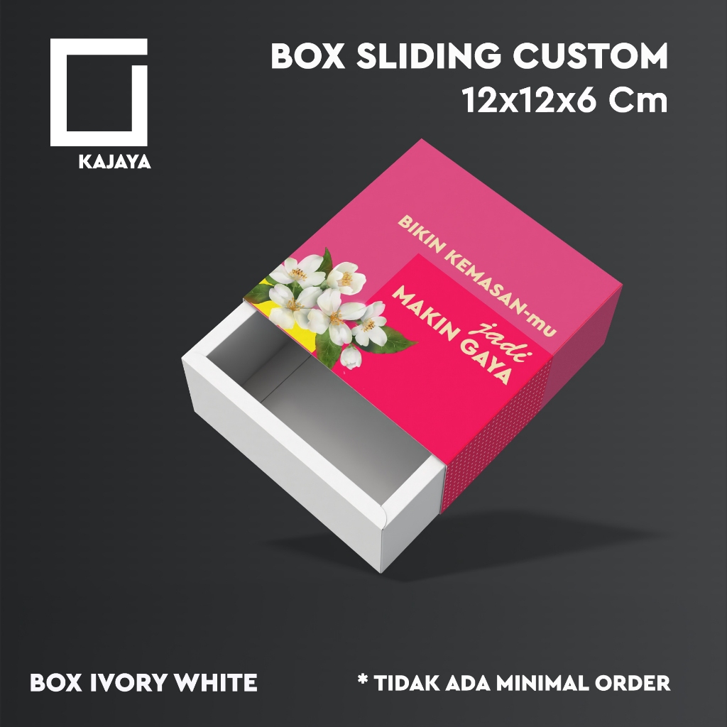 

Box Sliding Custom Desain 12x12x6 cm Kemasan Parfum 30 ml Packaging Souvenir Kado Dompet 50 ml