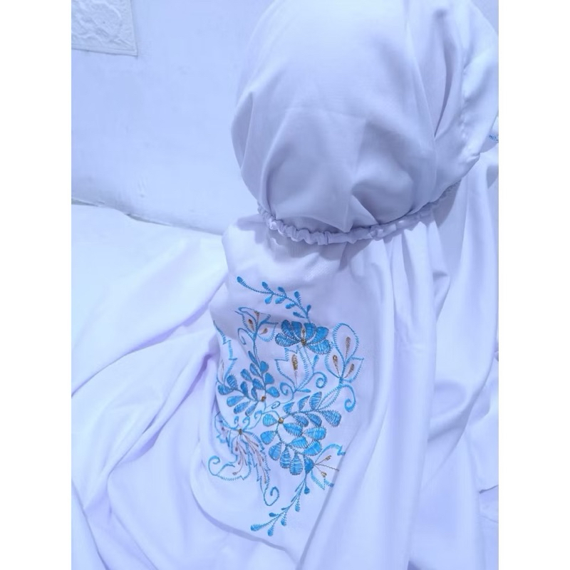 Katun Mukenah Terusan Setelan Dewasa  Bordir Belakang - Mukenah Bordir Bunga Putih