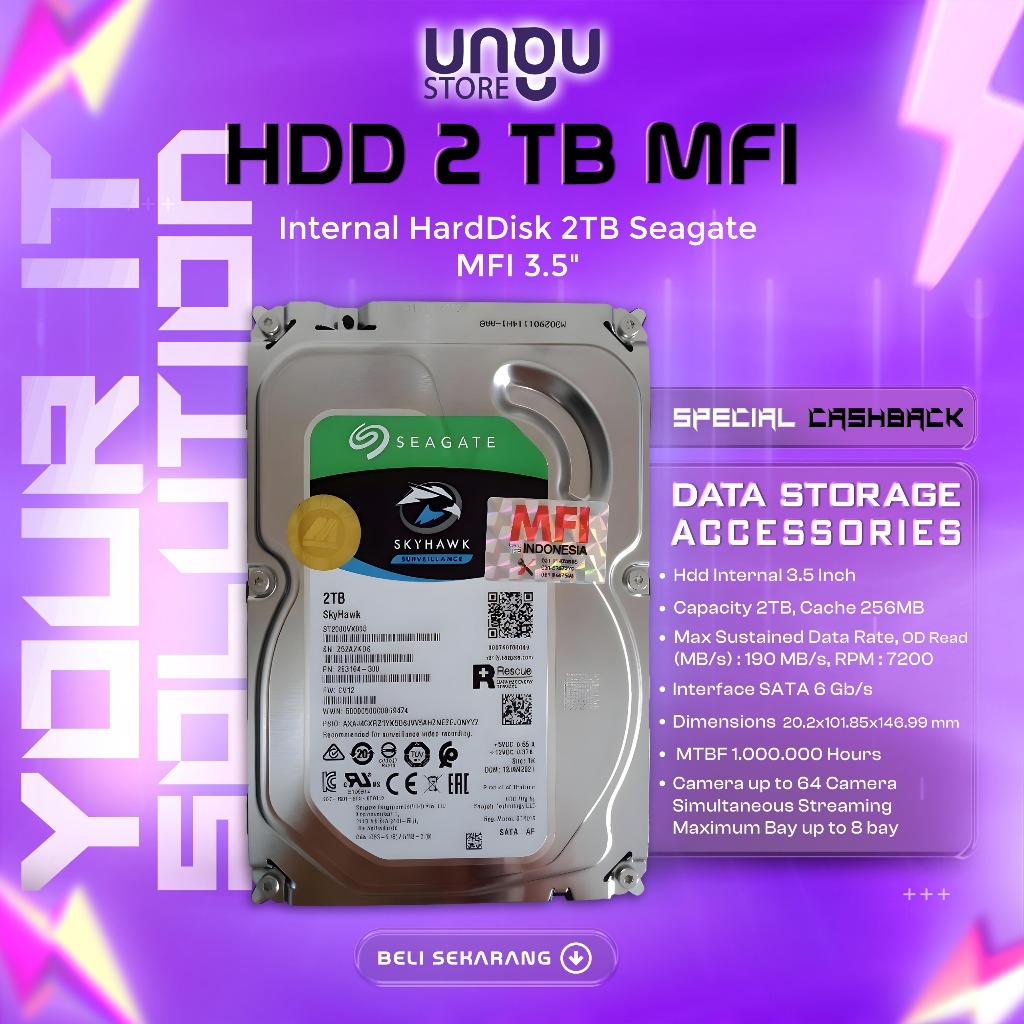 Hardisk Seagate Barracuda 2TB Ukurun 3,5 Inch HDD MFI Skyhawk PC Komputer & CCTV 2TB MFI