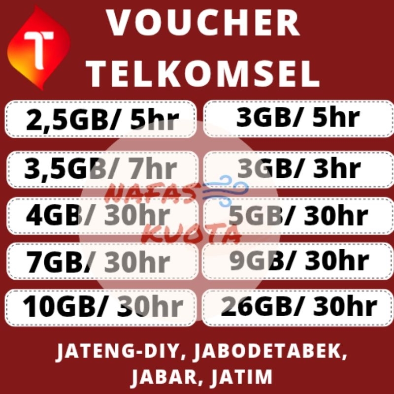 Voucher telkomsel 2,5GB 3,5GB 4GB 7GB 10GB JATENG DIY JABODETABEK JABAR JATIM