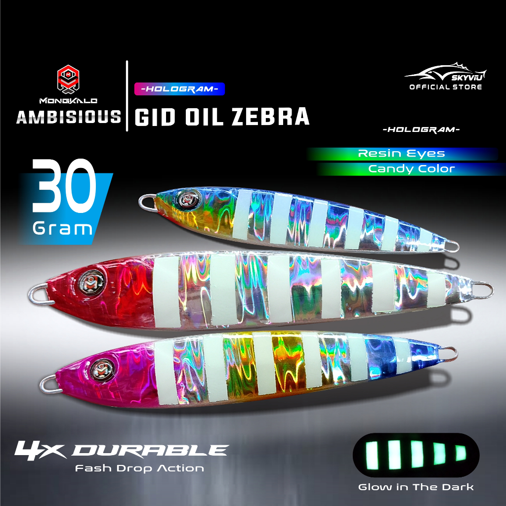 MONGKALO AMBISIOUS GID Zebra Hologram Minyak Umpan Metal Jig 30 Gram mpan jig Pancing 30gr Killer Um