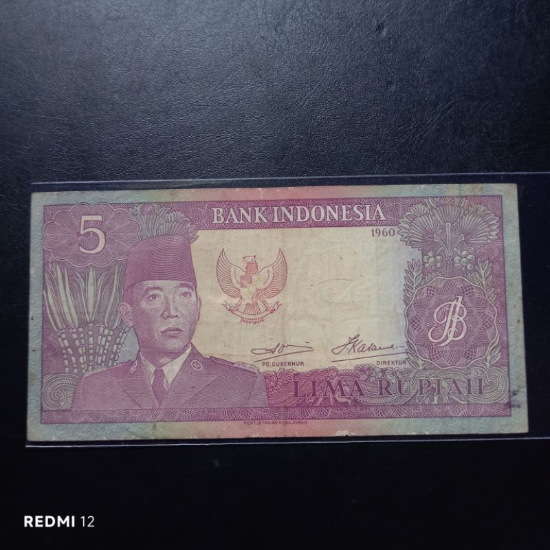 uang kertas kuno 5 rupiah sukarno tahun 1960 bekas asli