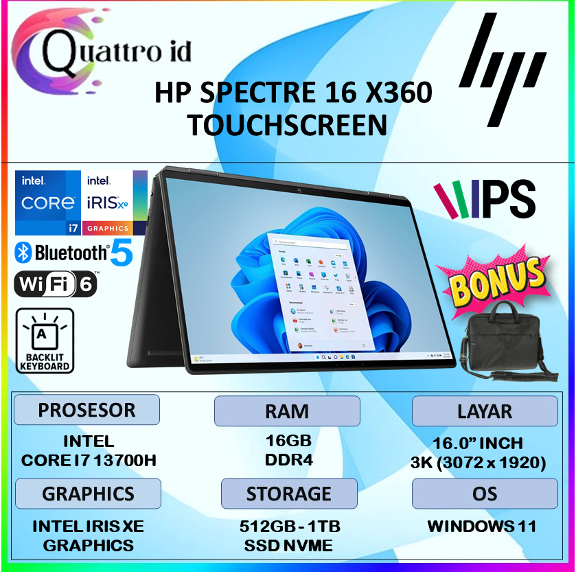 Laptop Hp Spectre X360 2 in 1 Intel Core i7 13700H 16GB Ssd 512GB 16 Inch 3K Touch Windows 11 Terbar