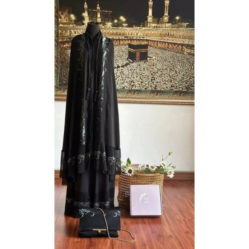 Mukena Zara Premium (tas rantai) Hitam aksen Silver