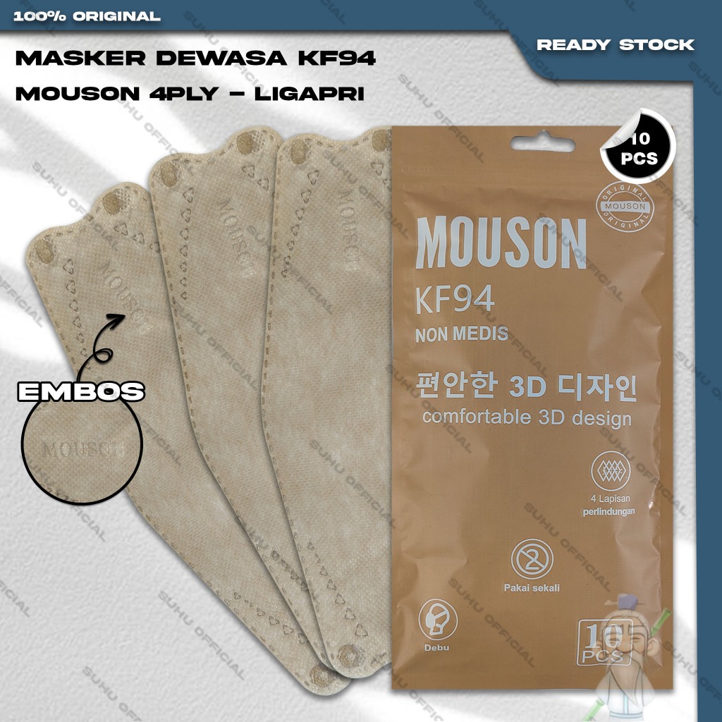 Masker KF94 MOUSON 4Ply isi 10Pcs Light Apricot Cream Korea KF 94 4 Ply Earloop Surgical Mask