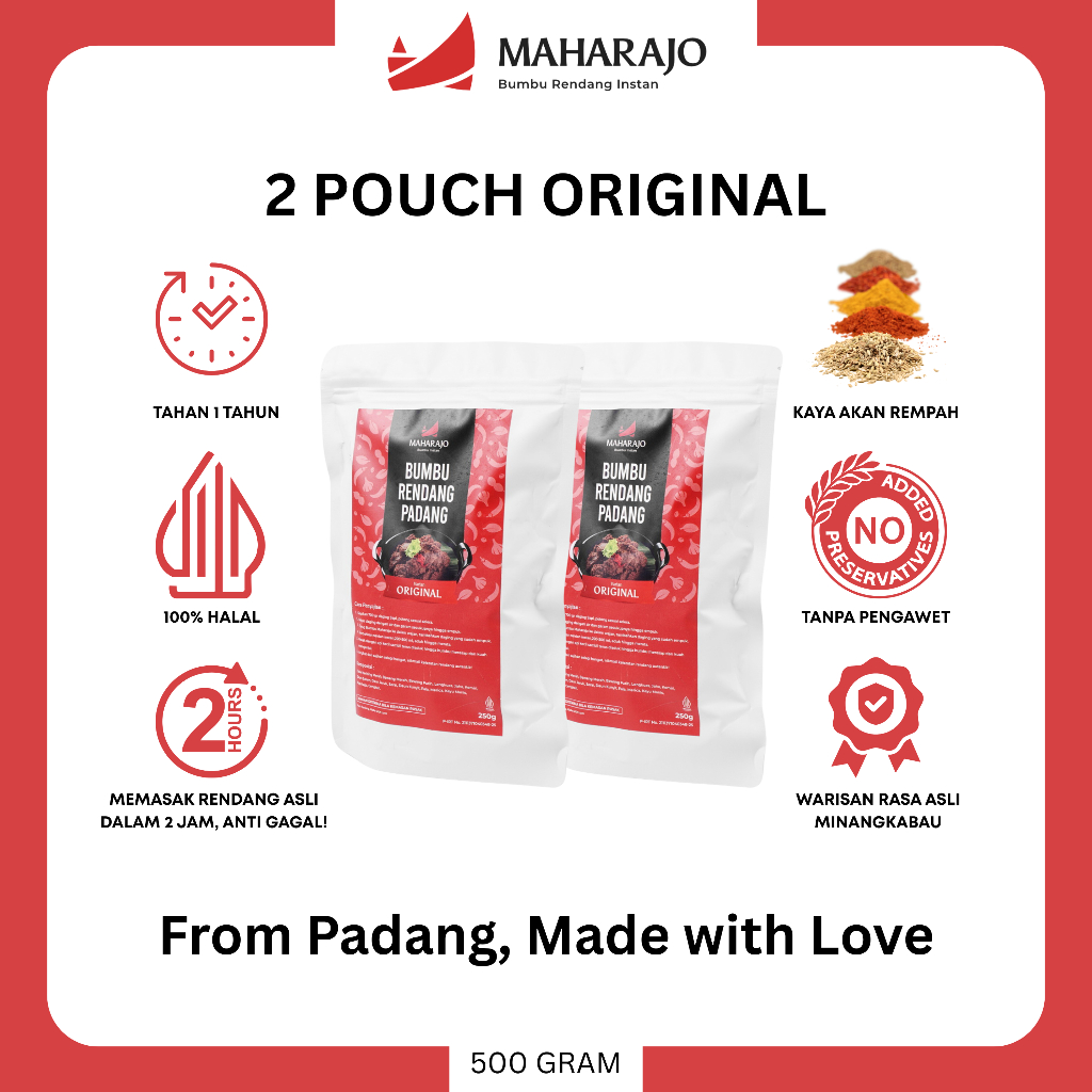 

[2 POUCH Original] Maharajo Bumbu Rendang Instan 500g – Bumbu Rendang Padang Asli Minang, Praktis, Cepat, Tahan Lama, Pasterisasi, Tanpa Pengawet, No MSG, Halal, Mudah Dimasak, Cocok untuk Daging, Ayam, Rasa Autentik, Premium, Best Seller