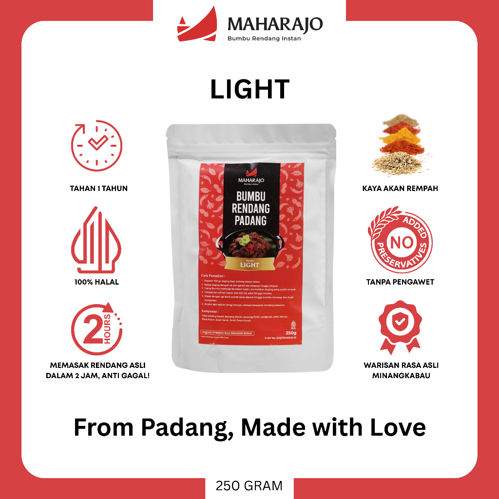 

[1 POUCH Light] Maharajo Bumbu Rendang Instan 250g – Bumbu Rendang Padang Asli Minang, Praktis, Cepat, Tahan Lama, Pasterisasi, Tanpa Pengawet, No MSG, Halal, Mudah Dimasak, Cocok untuk Daging, Ayam, Rasa Autentik, Premium, Best Seller