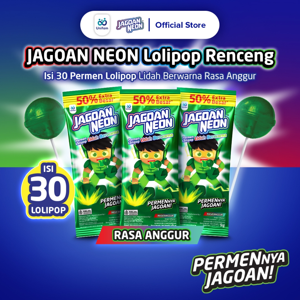 

Jagoan Neon Permen Lolipop Rasa Buah Berwarna - Fruit Candy 1 Bag (Isi 30 Pcs) - Anggur