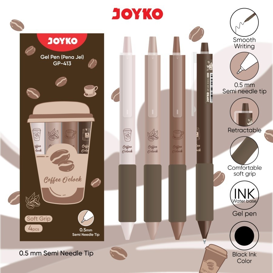 

SET / 4 PCS GELPEN PULPEN PENA JOYKO GP-413 COFFEE O'CLOCK 0.5 mm Bolpen Gel