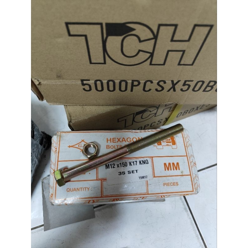 baut mur drat halus m12x150 drat pitch 1.25 kunci 17/ baut mur m12x150 drat halus / baut mur kuning 