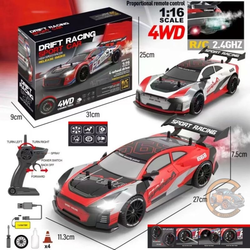 RC Drift car propo 2.4GHz 4WD Mobil balap racing efek asap skala 1:16 kecepatan tinggi