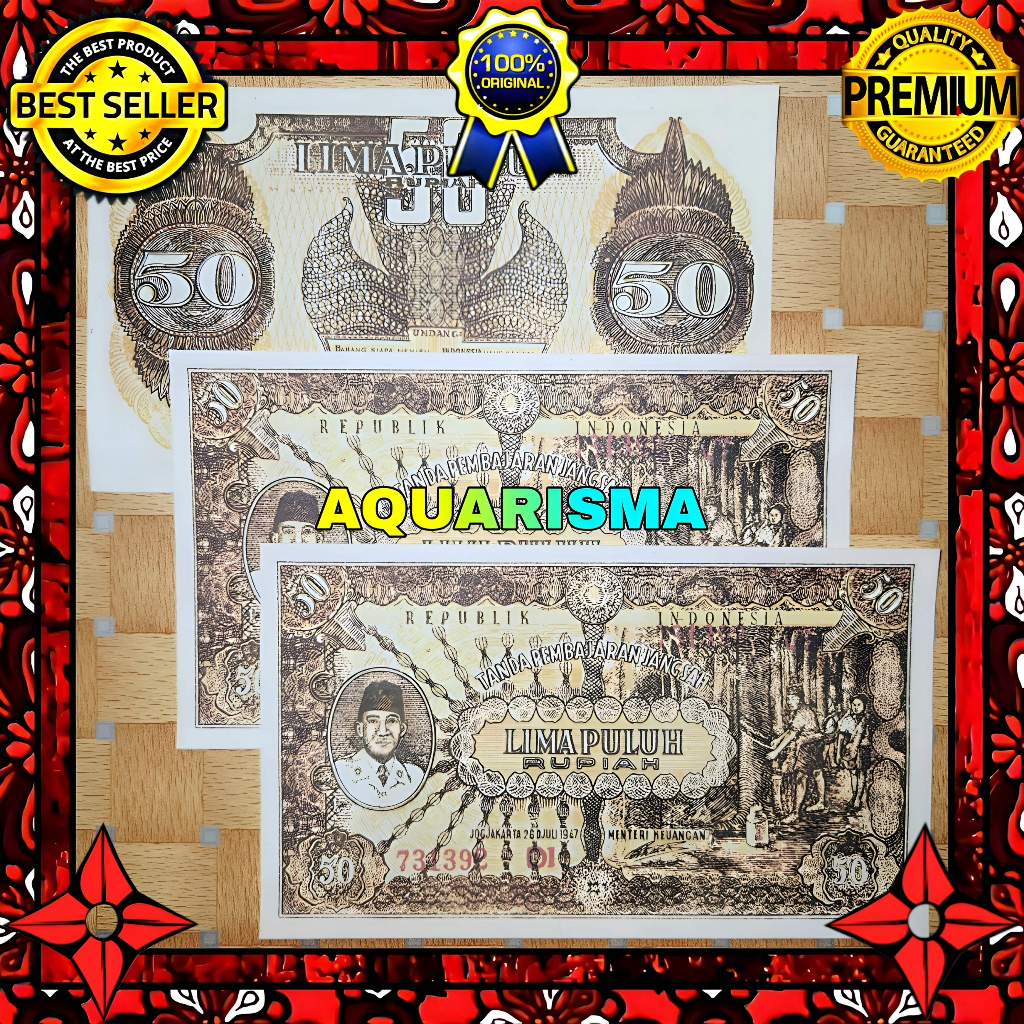 KOLEKSI NUMISMATIK - SOUVENIR REPRO UANG KUNO 50 RUPIAH INDONESIA SOEKARNO III 1947