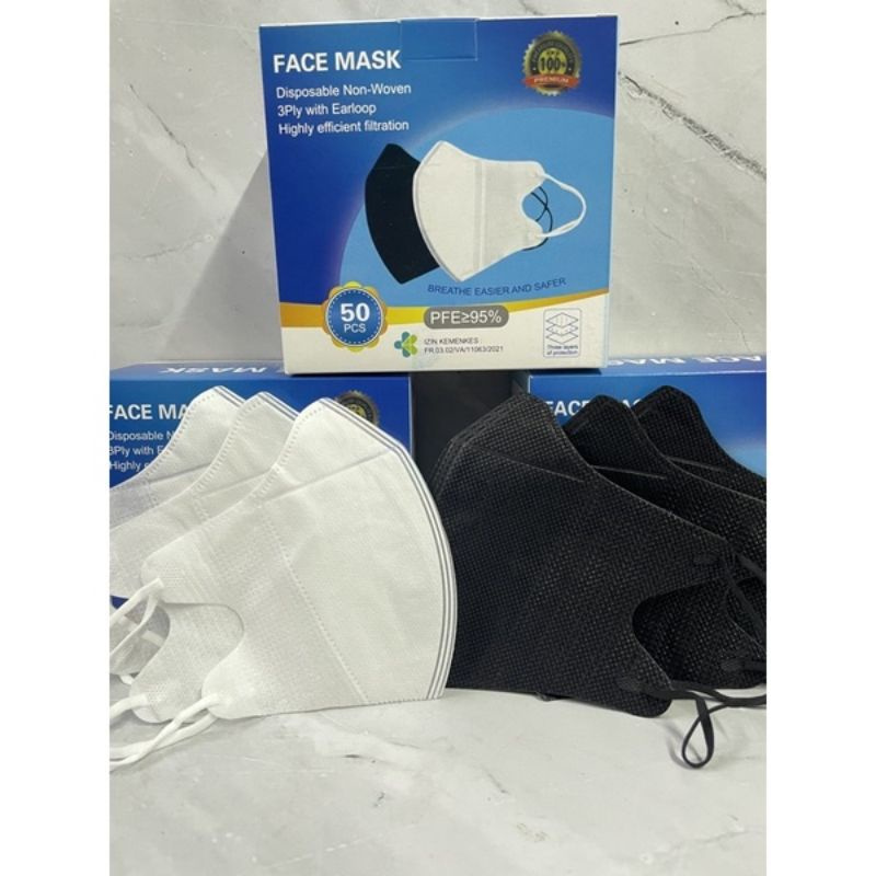 Masker Duckbill Facemask 3 Ply isi 50 Pcs per Kotak Warna Putih & Hitam