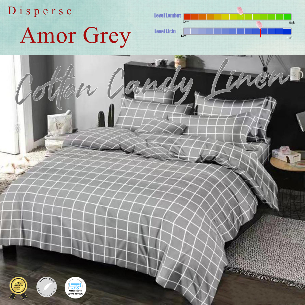 Sprei Set Motif Kotak-Kotak Amor Grey Katun Disperse / Bedcover Sprei Motif Dewasa Ukuran Single-Kin