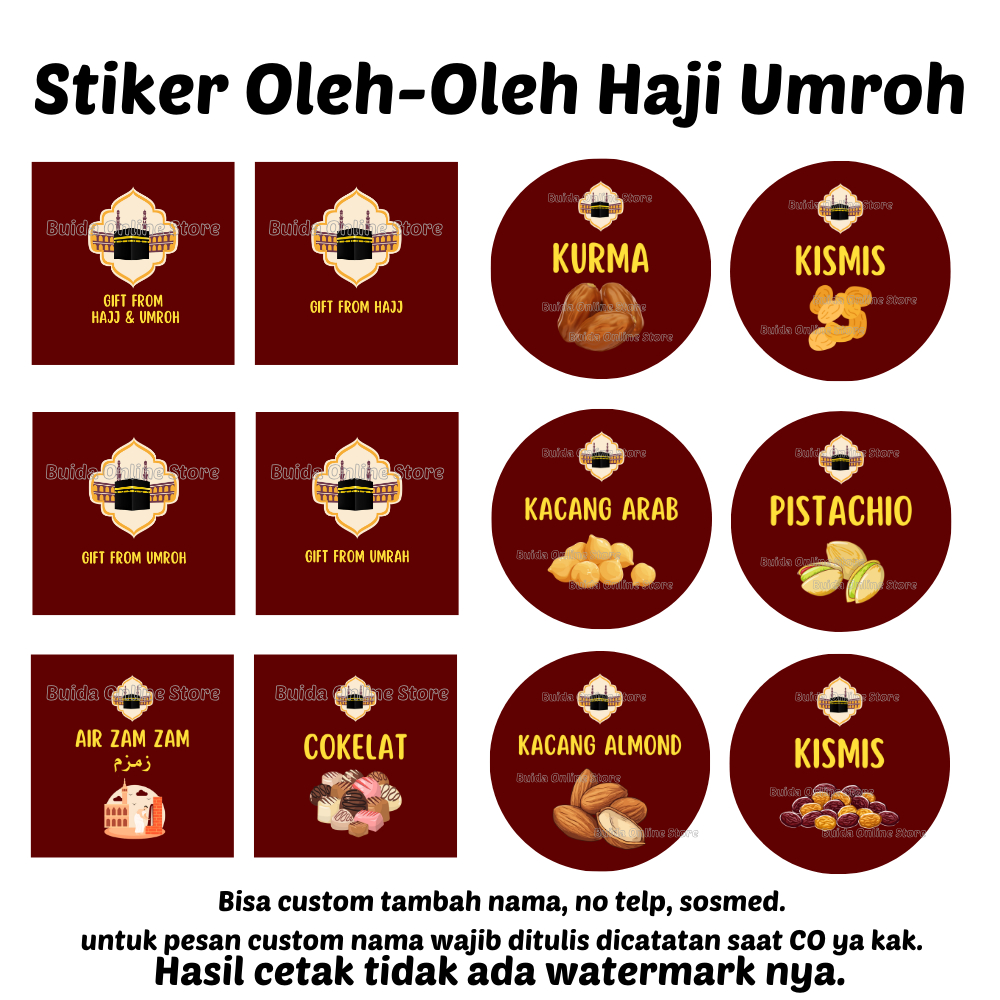 

Sticker Stiker Gift From Hajj Umroh Label Kemasan oleh-oleh Haji souvenir hampers parcel hadiah bingkisan tasyakuran kurma cokelat air zam zam kacang arab almond pistachio kismis merah tua label mika thinwall plastik toples kotak dus box souvenir