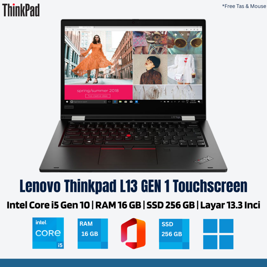 Laptop Lenovo L13 2 in 1 Yoga Touchscreen | Core I5 Gen 10 | Ram 16 GB | SSD 256 GB | Layar 13.3