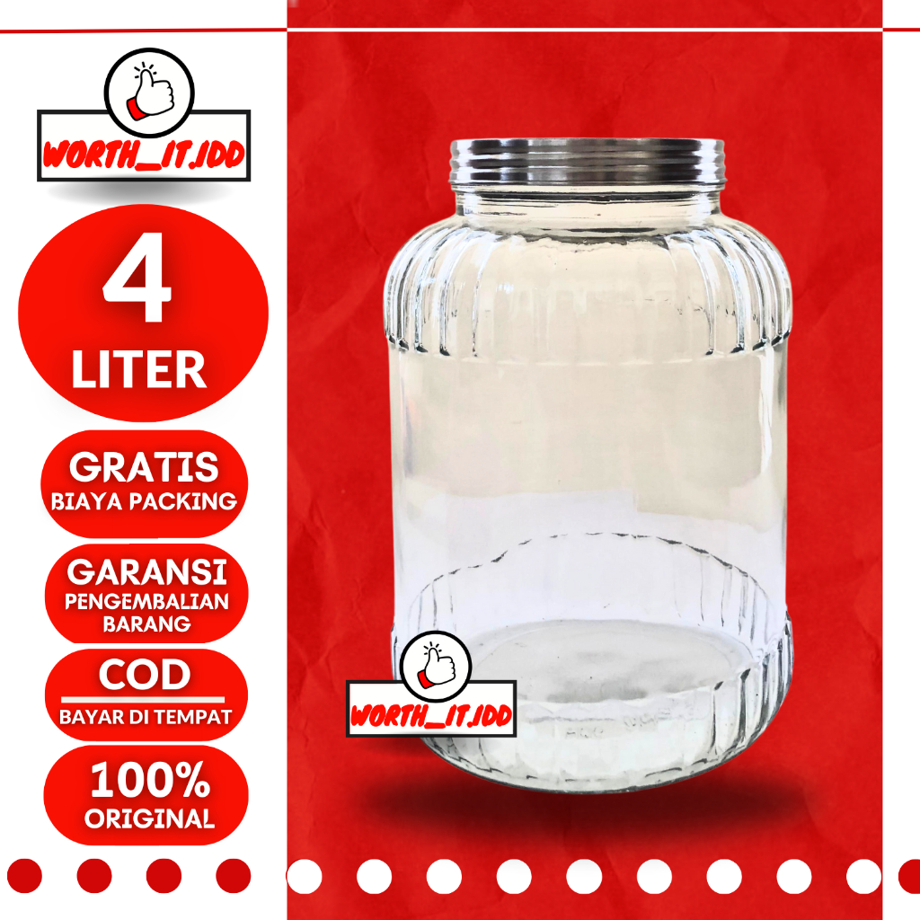 TOPLES KACA 4 LITER TUTUP STAINLESS STEEL TOPLES WADAH TEMPAT PENYIMPANAN MAKANAN SNACK KERUPUK JAJA