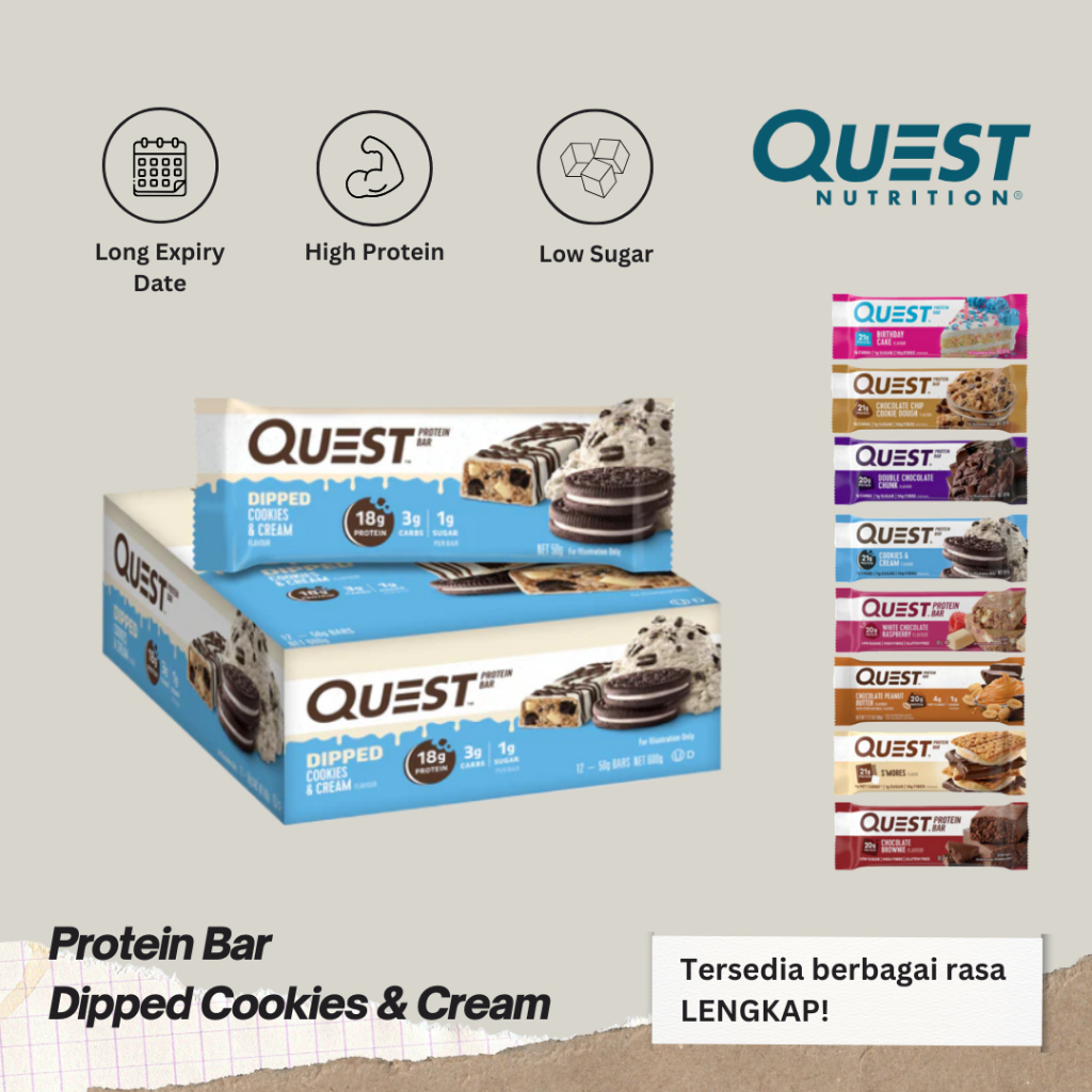 

Quest Protein Bar 60g Rasa Dipped Cookies & Cream Nutrition Energy Healthy Snack Bars Fitness Gym Low Sugar High Protein High Fiber