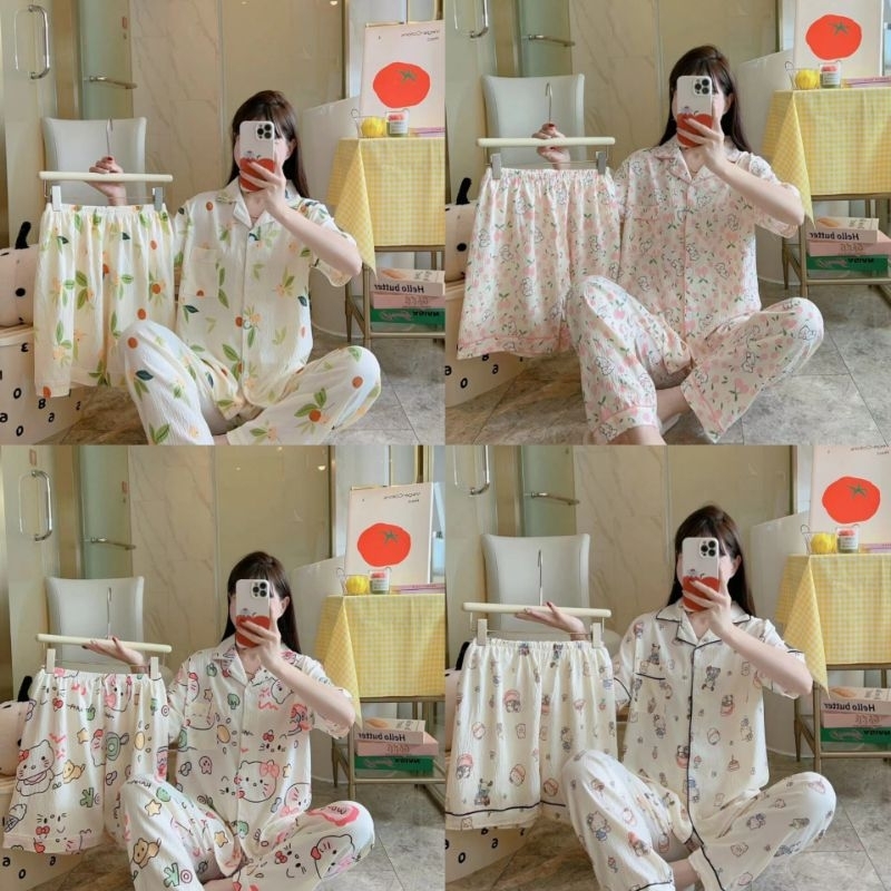 TC - Piyama 3in1 Kancing Terkini Korean Style Model Mewah Cute Import Bahan Rayon Crinkle Tebal | Ba