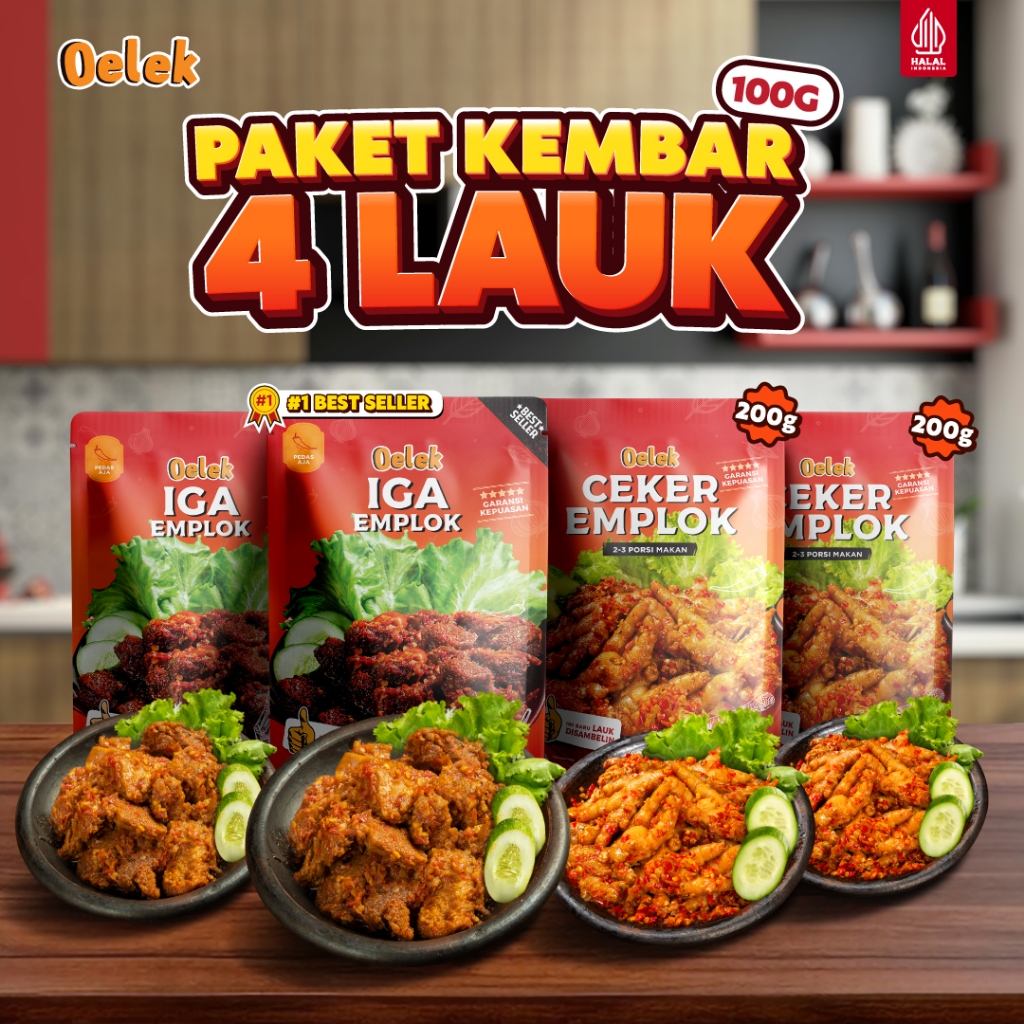 

Oelek Paket Kembar 4 Lauk 100gr / Lauk Siap Saji / Iga Emplok / Ceker Emplok / Cumi Cabe Ijo / Ayam Kecombrang