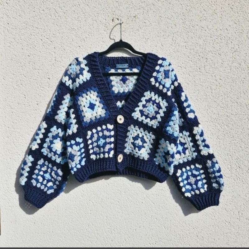 Cardigan Rajut Handmade Granny Square – Navy Blue