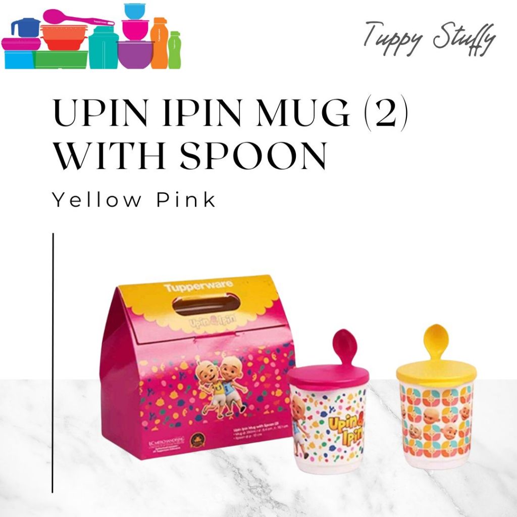 Tupperware Upin Ipin Mug With Spoon set (2)-Pink&Yelow I Mung anak upin ipin set / Gelas anak motif