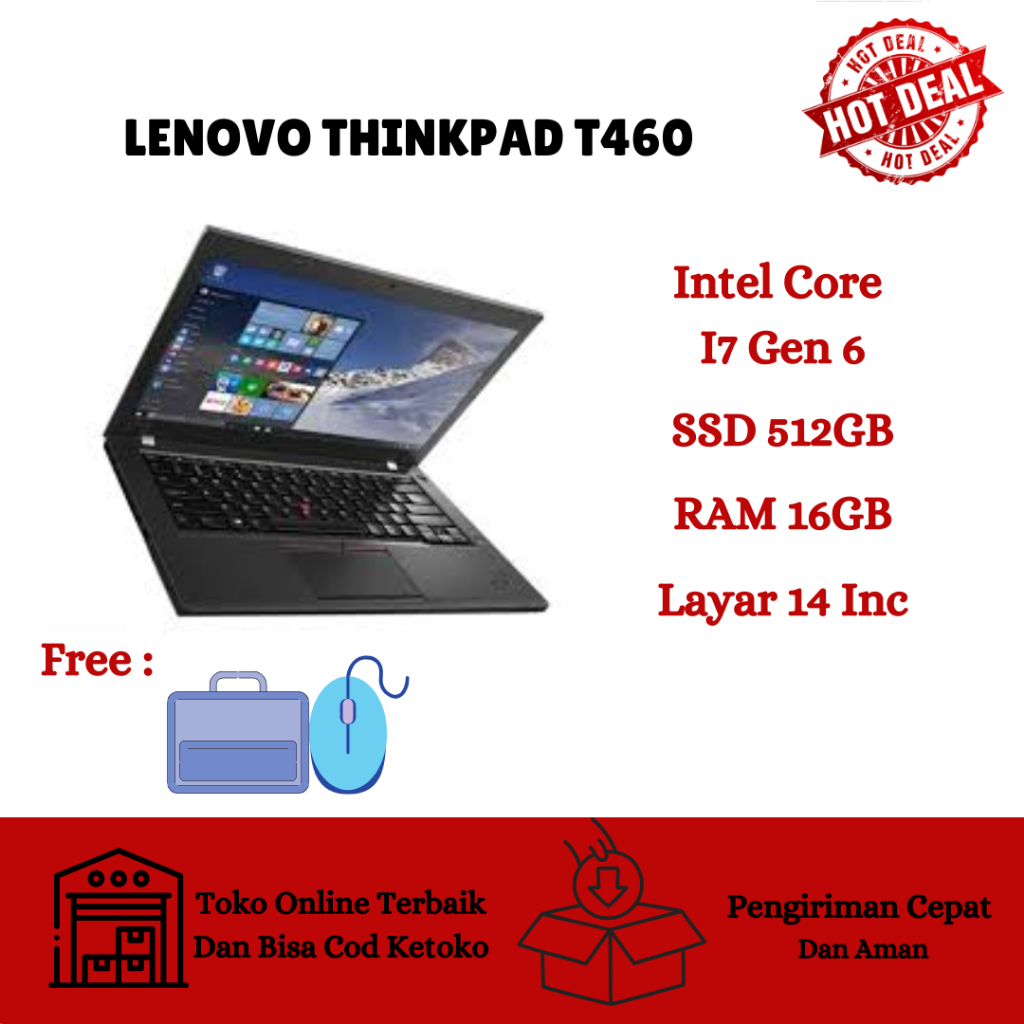 LAPTOP LENOVO THINKPAD T460 CORE I7 GEN 6 VGA NVIDIA,RAM 16GB SSD 512GB BERGARANSI