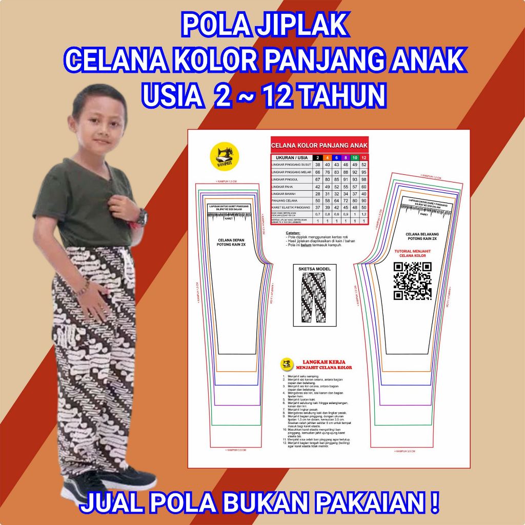 POLA JIPLAK CELANA KOLOR PANJANG ANAK USIA 2-12 TAHUN | POLA MENJAHIT SEWING PATTERN