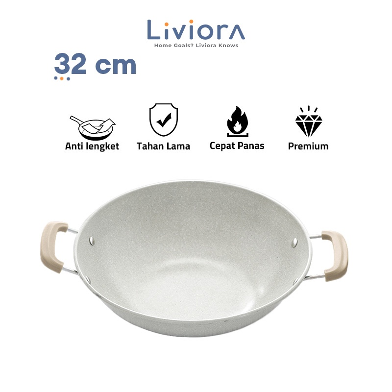 Wajan Penggorengan Jumbo 32cm Cream - Kuali Besar Wok Pan Serbaguna Premium
