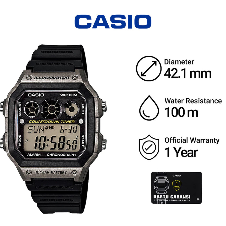 Original Jam Tangan Pria Garansi Resmi Casio General Digital Canvas Hijau Army AE-1200WHB AE-1300WH 