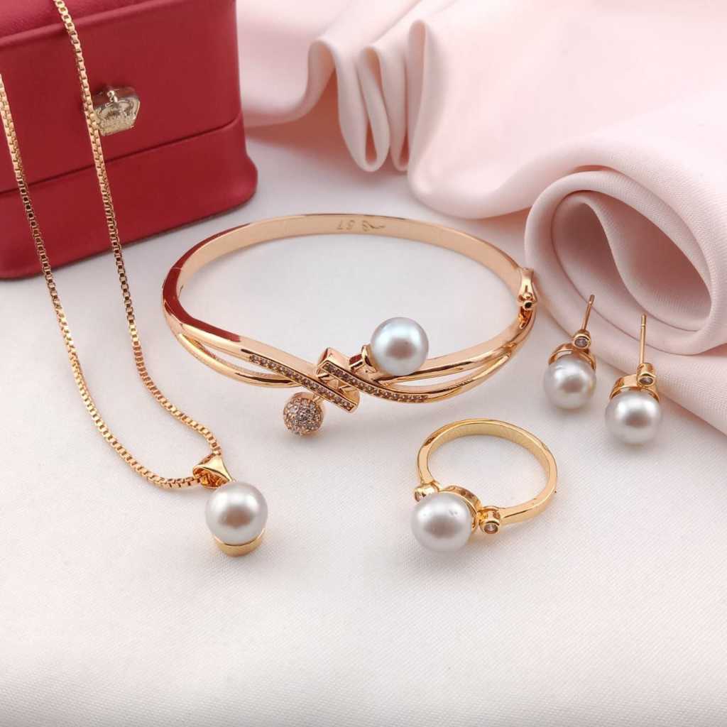 TERMURAH | Satu Set Perhiasan Mutiara Air Laut Asli Lombok | STELAN CINCIN, ANTING,KALUNG & GELANG M