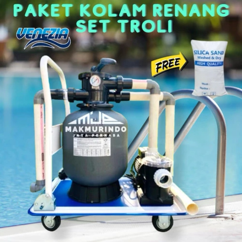 Paket Pompa Kolam Renang 1Hp Set Troli Mesin Vacuum Kolam Renang