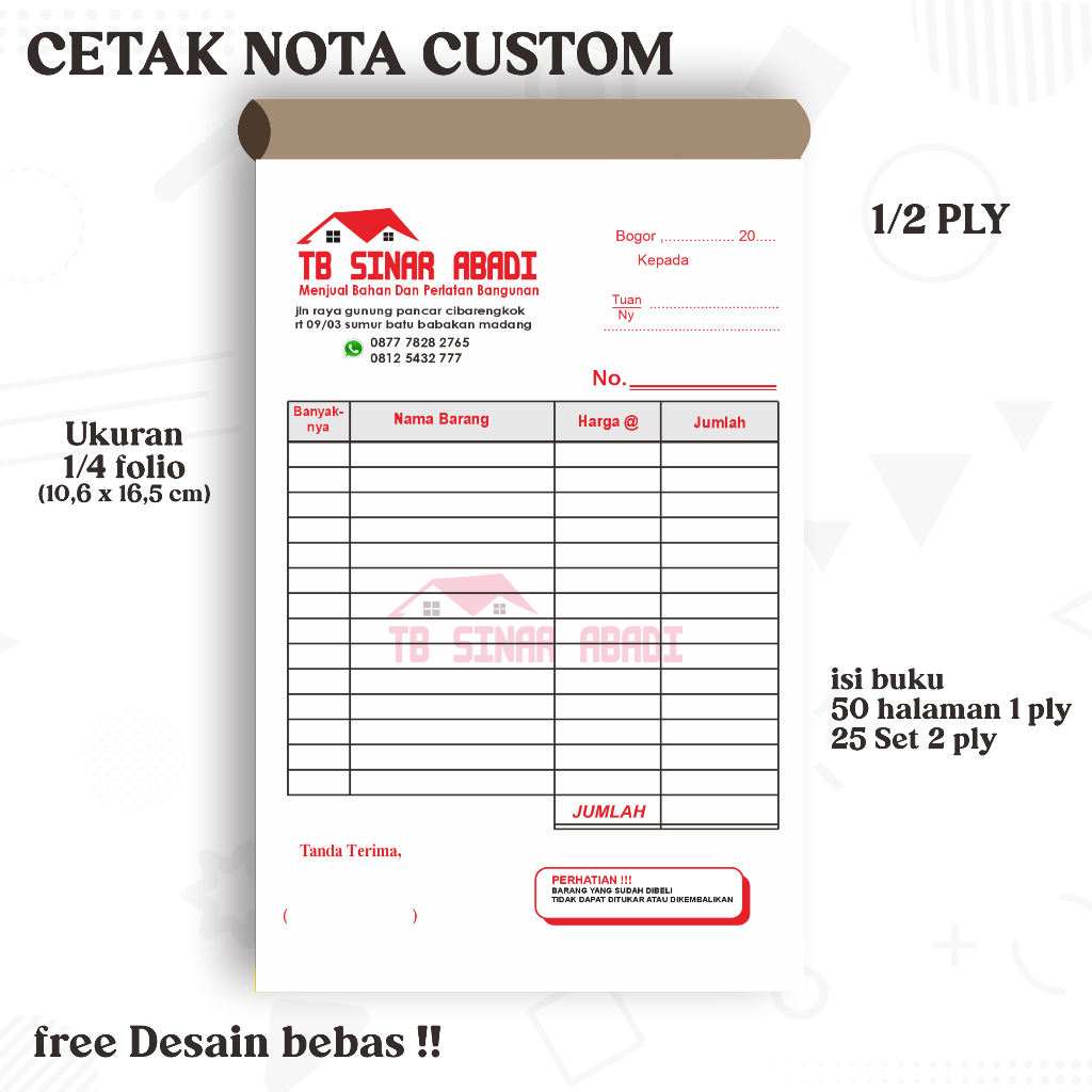 cetak nota custom 1 ply 2 ply nama usaha toko sendiri ukuran standar 1/4 F4