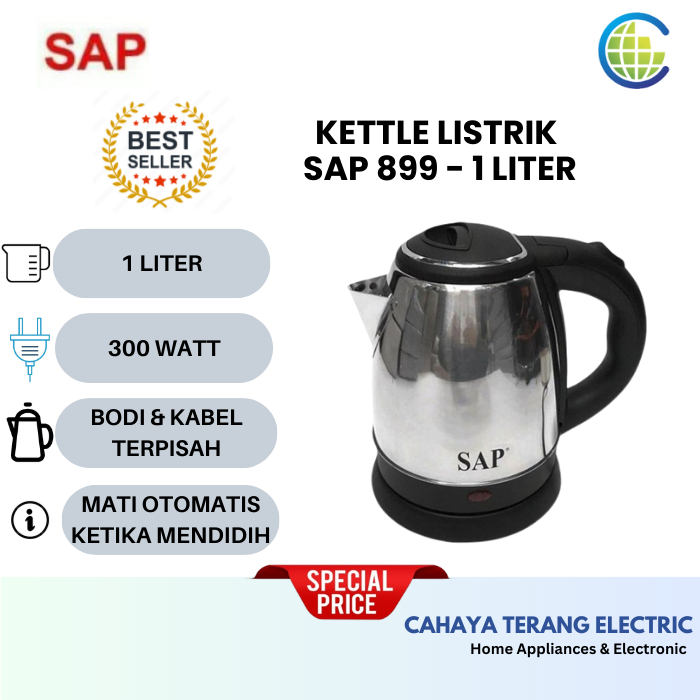 SAP Kettle Listrik Teko Stainless 899 1 Liter Pemanas Air 300 Watt