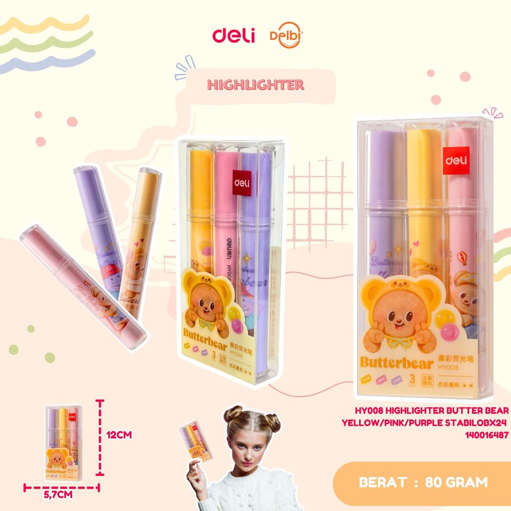 

HY008 HIGHLIGHTER BUTTER BEAR YELLOW/PINK/PURPLE STABILO