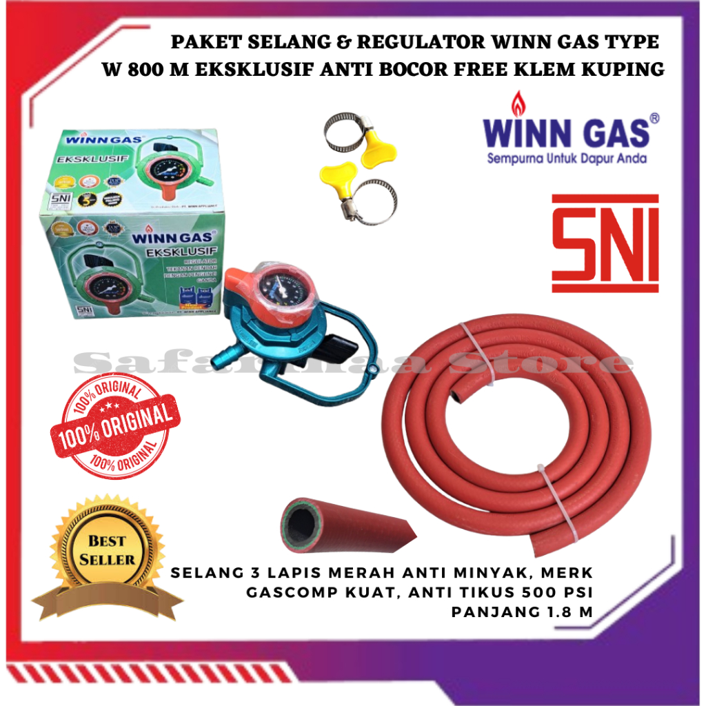 REGULATOR ANTI BOCOR KOMPOR GAS LPG WINN GAS W 800 METER EKSKLUSIF  SET SELANG MERAH TEBAL 500 PSI