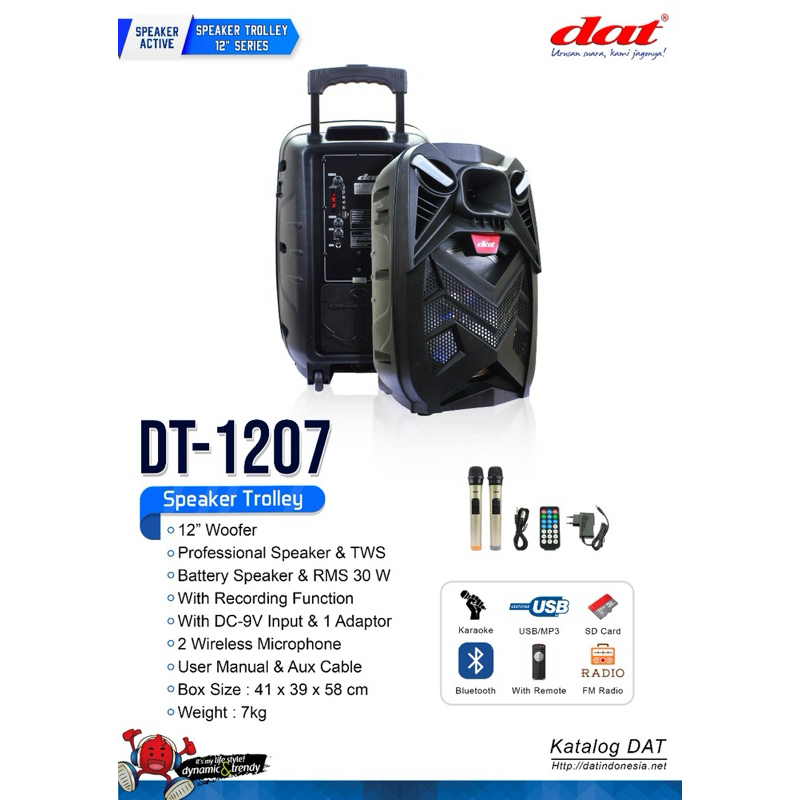 Speaker Portable DAT DT-1207 Original 12 inch Speaker Portable Bluetooth With Mic Wireless.