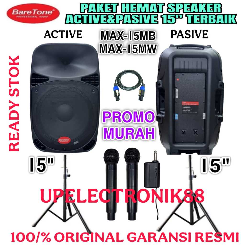 Promo Paket Sound System Speaker Aktif Pasif 15 Inch Baretone Max15mb/Max15mw+ 2 Mic Wireless Origin