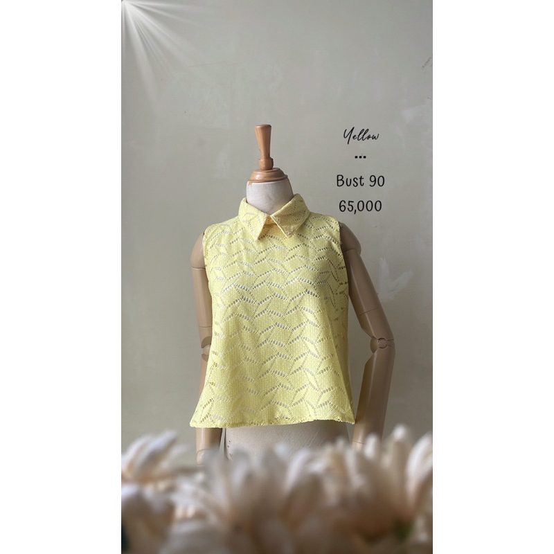 Blouse atasan top brukat brokat kuning muda pastel kutung kerah A crop belakang sifon chiffon premiu