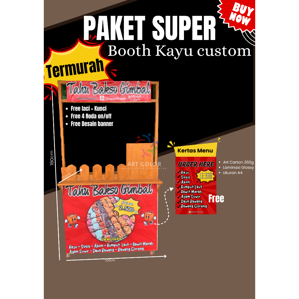 Booth kayu Custom gambar/Booth kayu dimsum/Booth kayu murah 180x100cm, Lebar 50cm dengan 4 roda on/o
