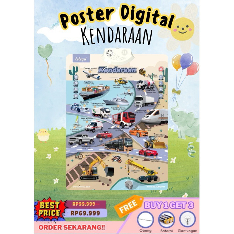 [ADEEVATHAR] Poster edukasi VARIAN KENDARAAN suara digital 2 bahasa indonesia-inggris / Mainan eduka