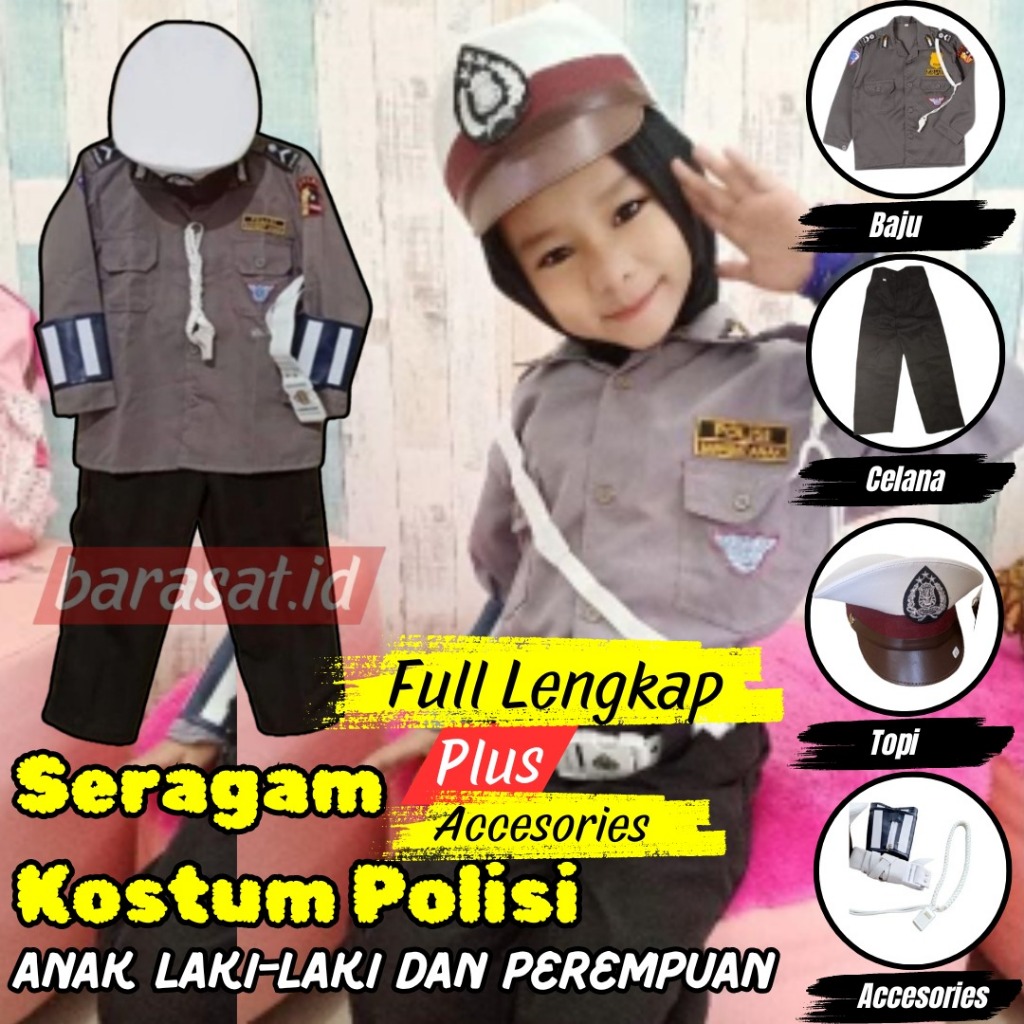 Baju seragam polisi anak Pakaian Fashion Show Karnaval Agustusan Lengkap Aksesories Laki Perempuan A